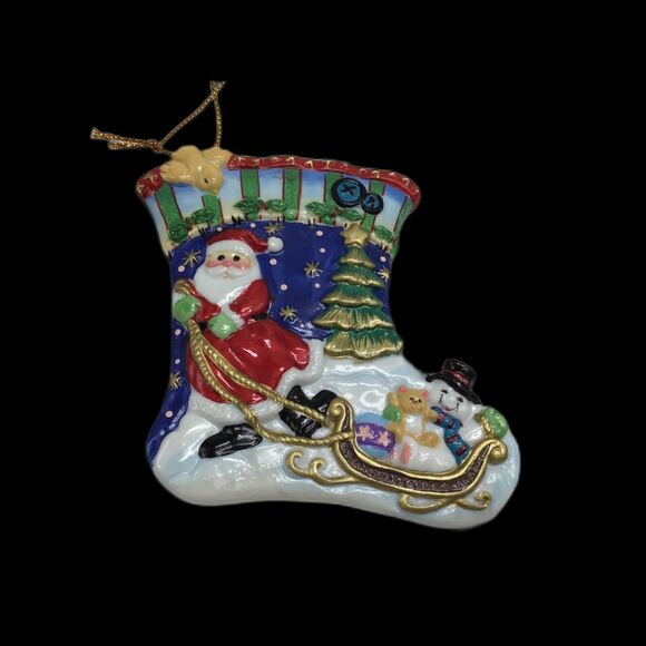 Christmas Ornament Ceramic Stocking Santa Snowman Hand Painted 3 Inches - Picture 1 of 8